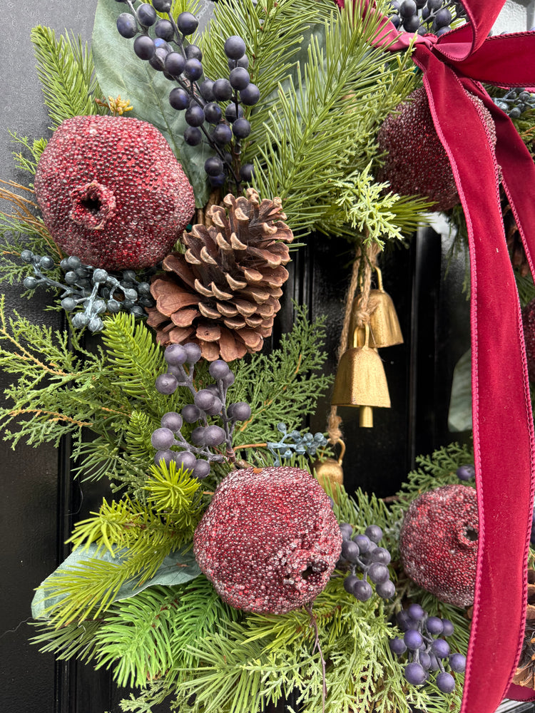 Beaded Pomegranate Fruit Pine and Magnolia Wreath with Bells for winter