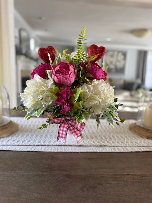 Elegant Peony and Hydrangea Centerpiece for Valentines Day, Floral Arrangement