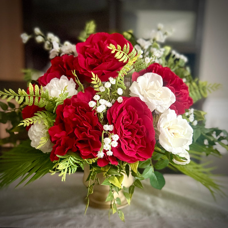 Winter Red Hydrangea and Rose Centerpiece, Floral Arrangement