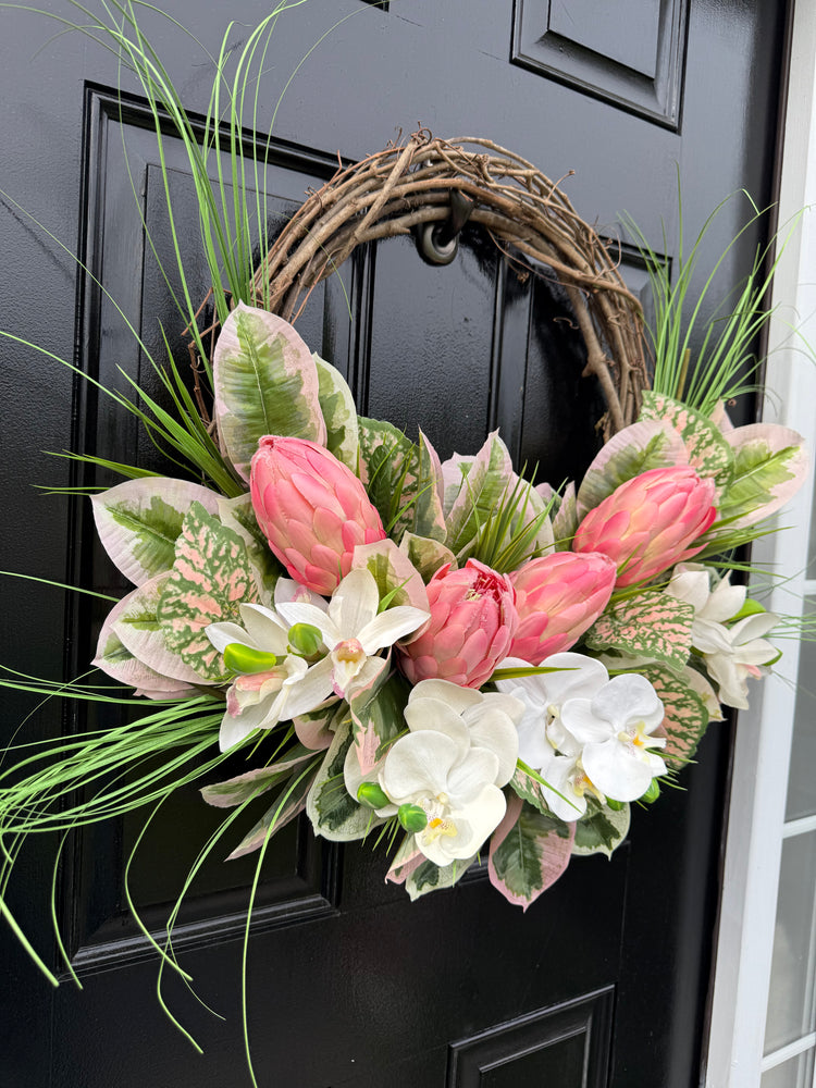 King Protea and Orchid Wreath for Spring and Summer