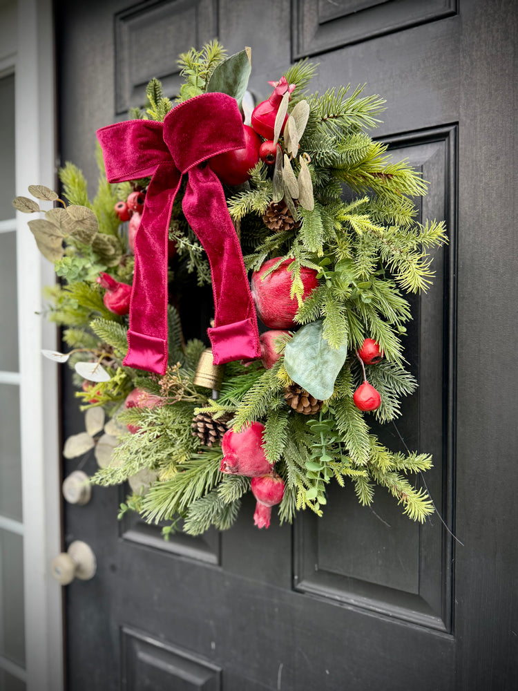 Pomegranate Pine Wreath w Antique Bells for Winter