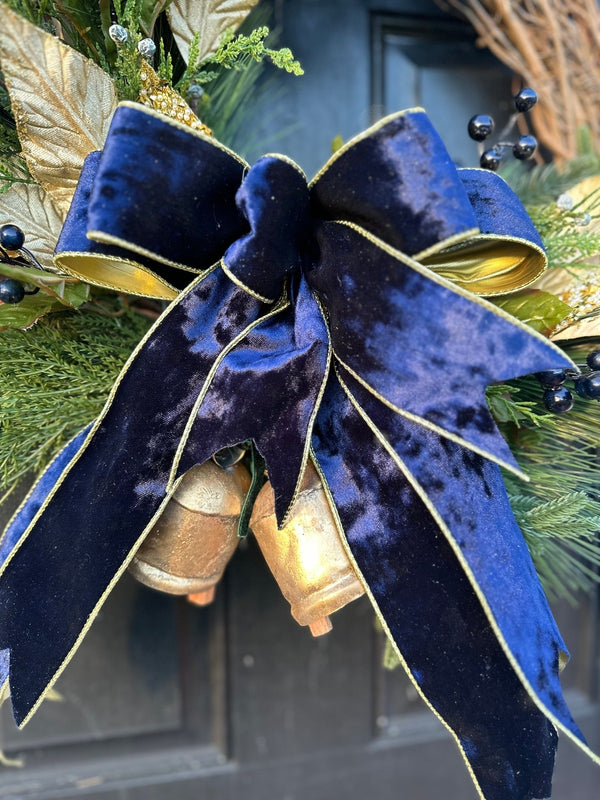 Navy Velvet Gold Winter Wreath w Antique Bells