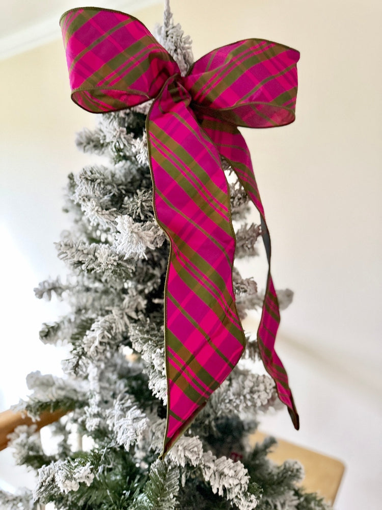 Luxe Magenta & Green Duponi Mantle Bow for Winter, Tree Topper, Mantle Bows