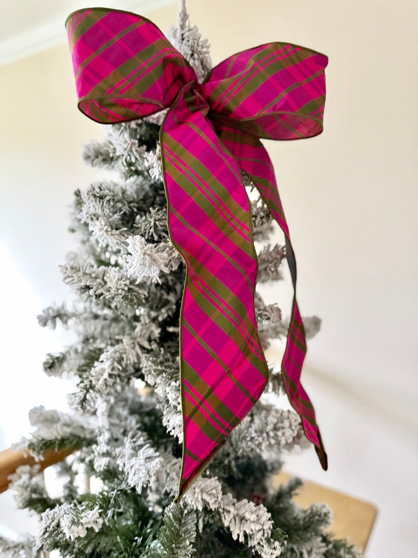 Luxe Magenta & Green Duponi Mantle Bow for Winter, Tree Topper, Mantle Bows