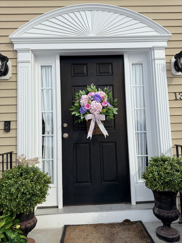 Hanging Floral Basket for Easter w Egg Print Bow