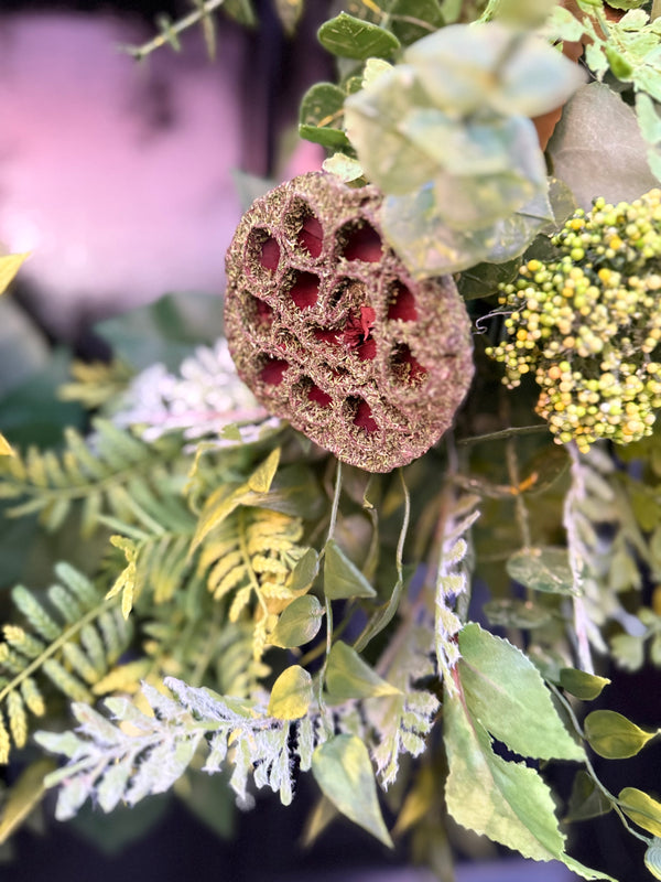 Evergreen Wreath w Moss Covered Lotus Pods for Spring or Year Round use