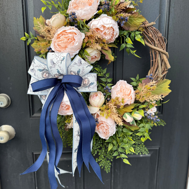 Peony Wreath with Birds Nest Bow for Year Round and Spring Decor