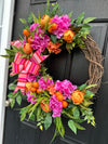 Orange and Pink Crescent Hydrangea and Peony Wreath for Summer