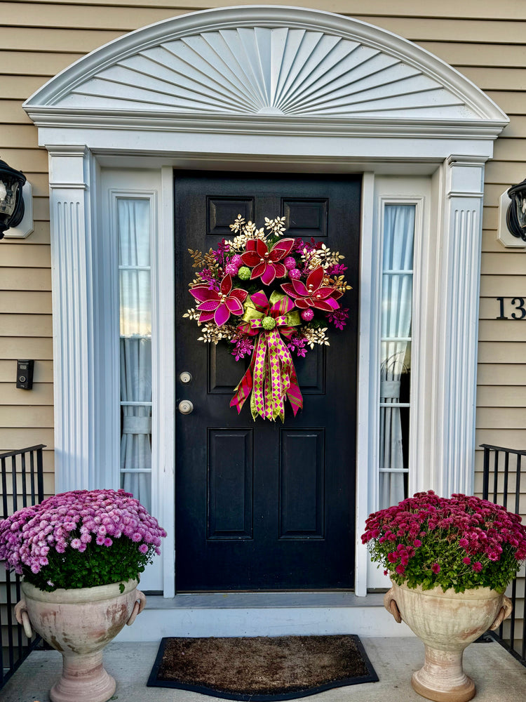 Luxe Hot Pink & Gold Christmas Wreath – Winter Holiday Front Door Decor w Velvet Poinsettias and Ribbon Bow