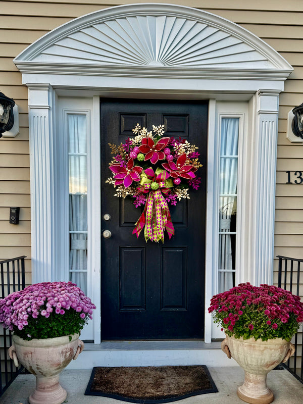 Luxe Hot Pink & Gold Christmas Wreath – Winter Holiday Front Door Decor w Velvet Poinsettias and Ribbon Bow