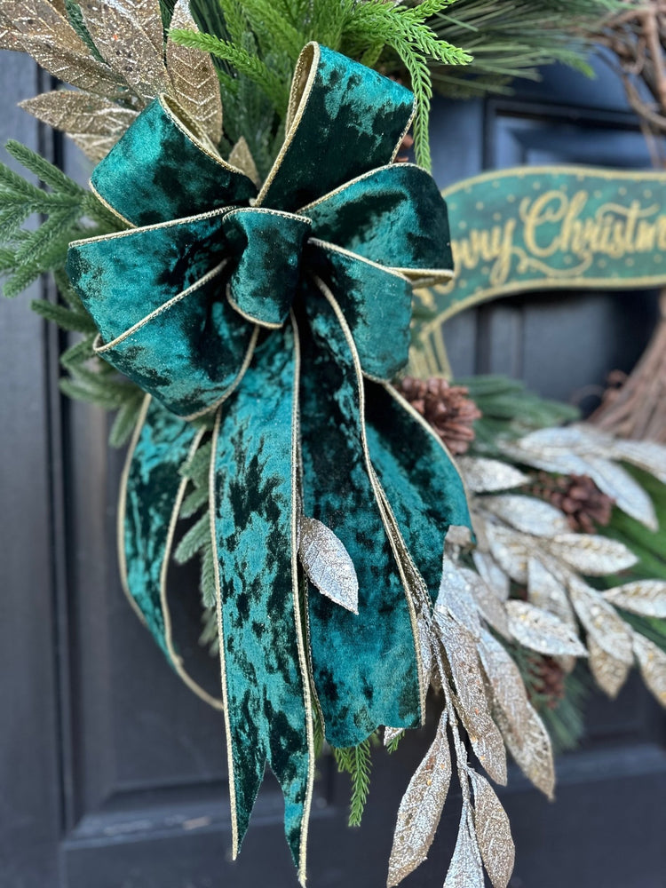 Emerald Velvet Gold Merry Christmas Wreath for Winter