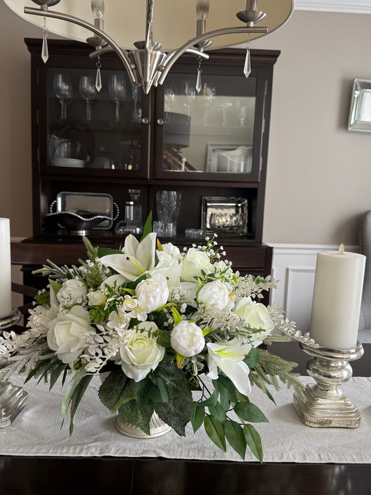 Winter Wedding Centerpiece w Pearl Accents, Elegant All White Winter Floral Arrangement
