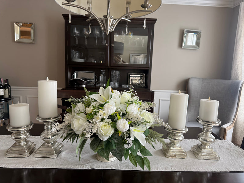 Winter Wedding Centerpiece w Pearl Accents, Elegant All White Winter Floral Arrangement