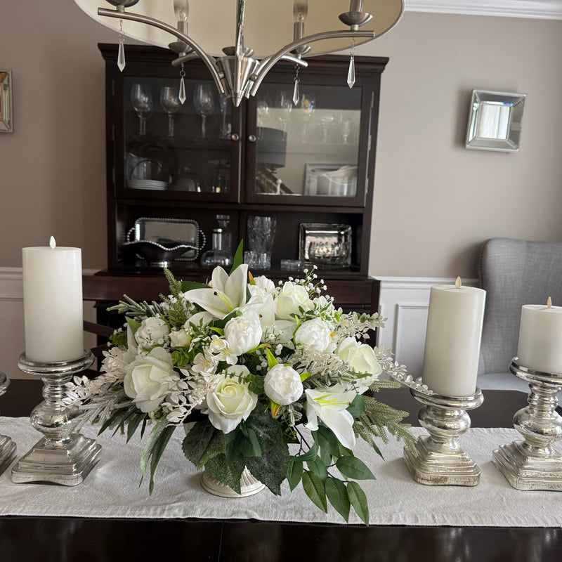 Winter Wedding Centerpiece w Pearl Accents, Elegant All White Winter Floral Arrangement