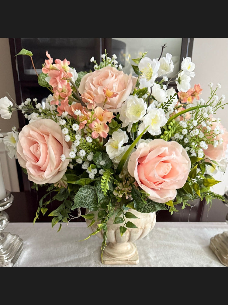 Romantic Blush Rose Faux Floral Centerpiece in Stone Style Base, Real Touch Floral Arrangement