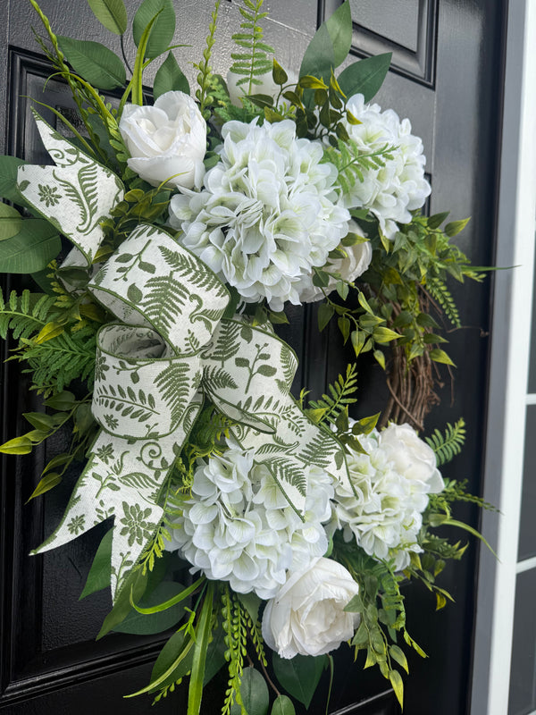 White Hydrangea Wreath with Cabbage Roses for Spring or Year Round use