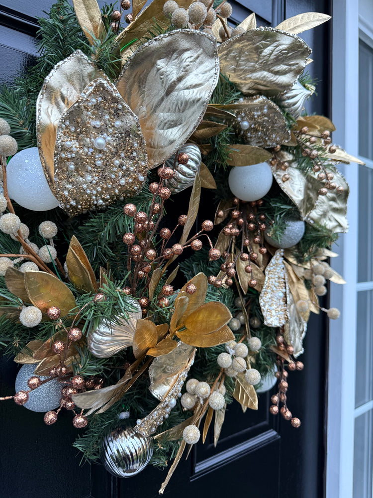 Golden Luxe Holiday Winter Wreath – Handcrafted Door Decor