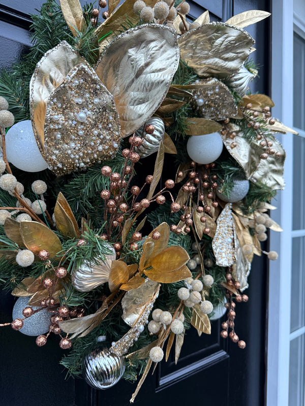 Golden Luxe Holiday Winter Wreath – Handcrafted Door Decor