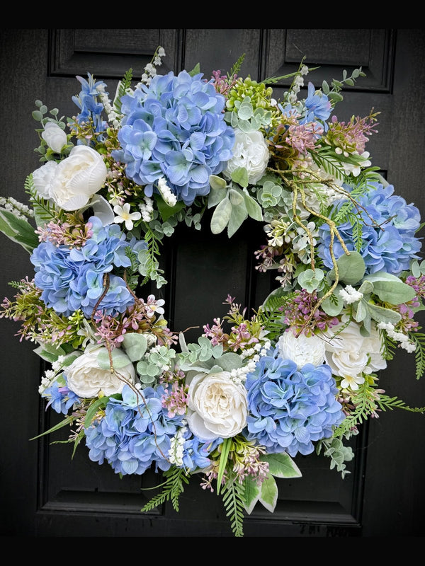 Elegant Spring Wreath with Blue Hydrangeas and Lambs Ear