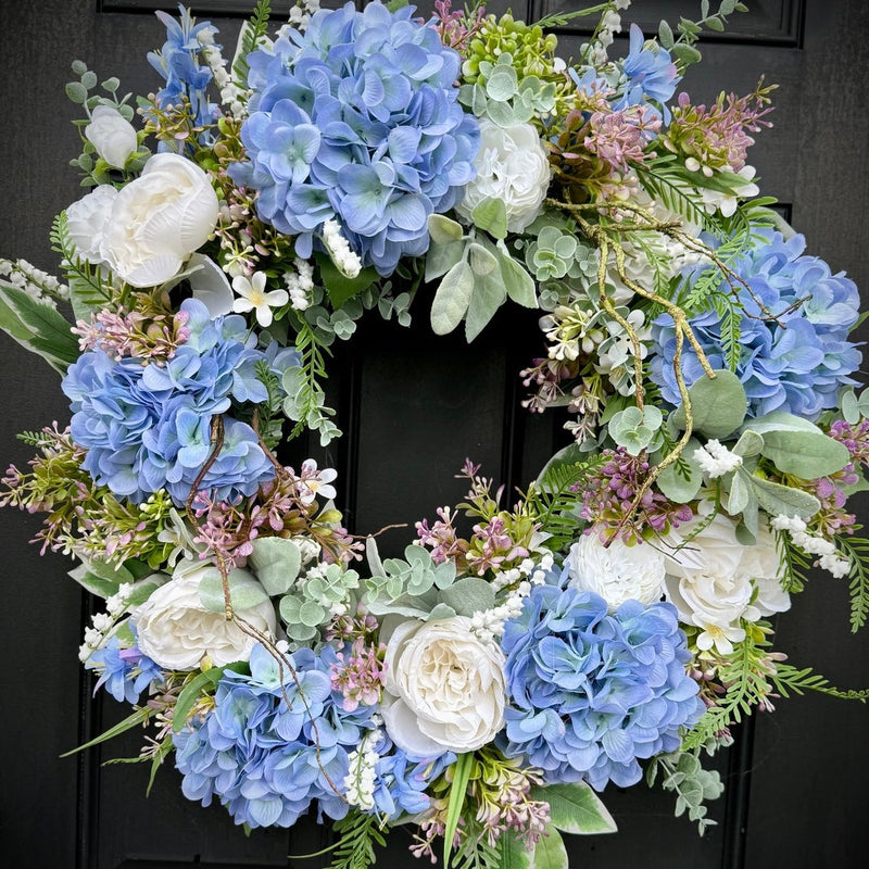 Elegant Spring Wreath with Blue Hydrangeas and Lambs Ear