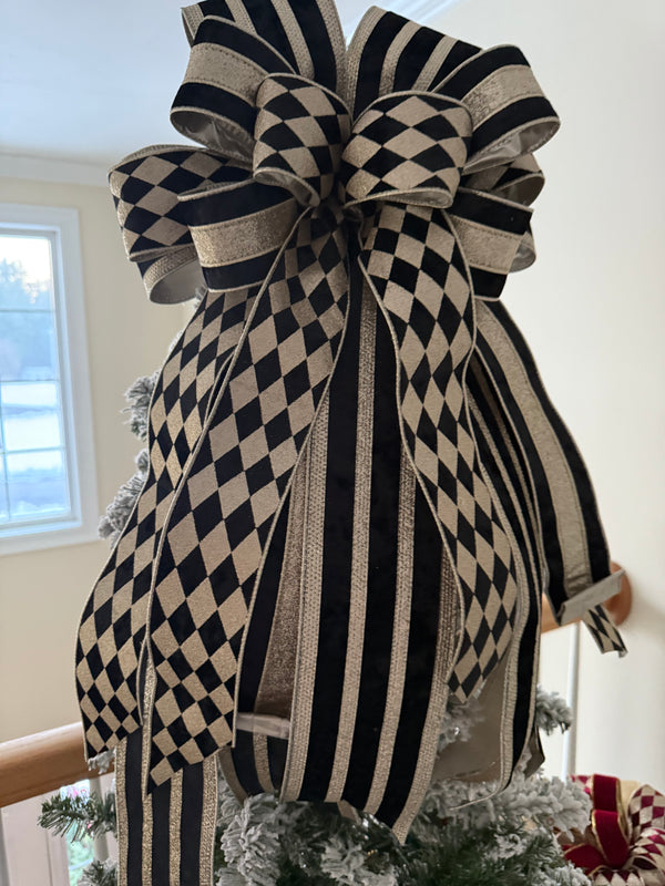 Gold & Black Harlequin Christmas Tree Topper Bow