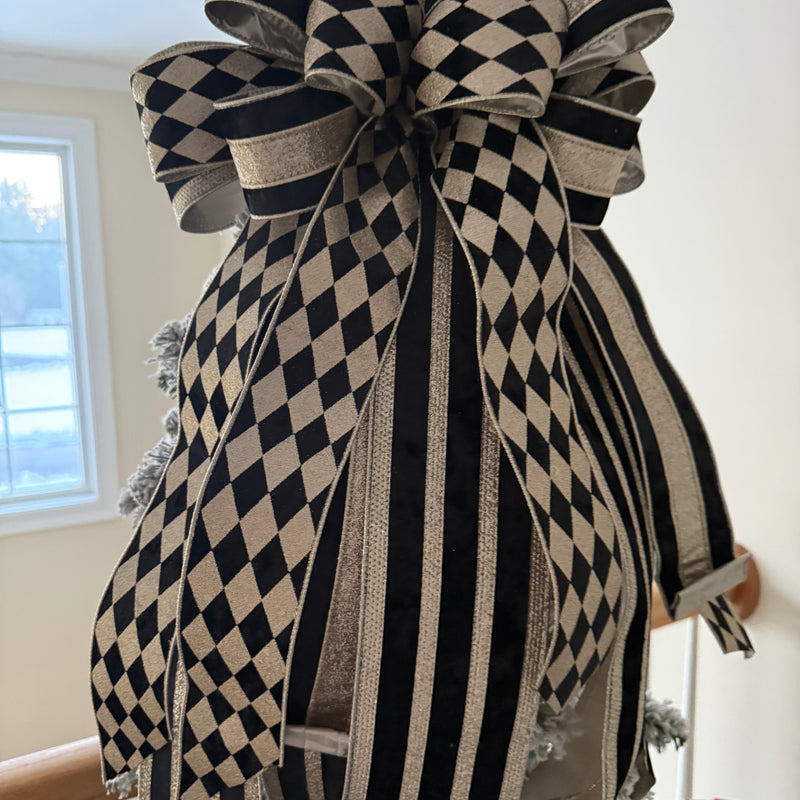 Gold & Black Harlequin Christmas Tree Topper Bow