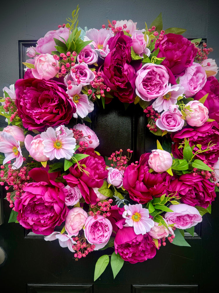 Fuchia Pink Hydrangeas & Peonies Cottagecore Wreath for Spring and Summer