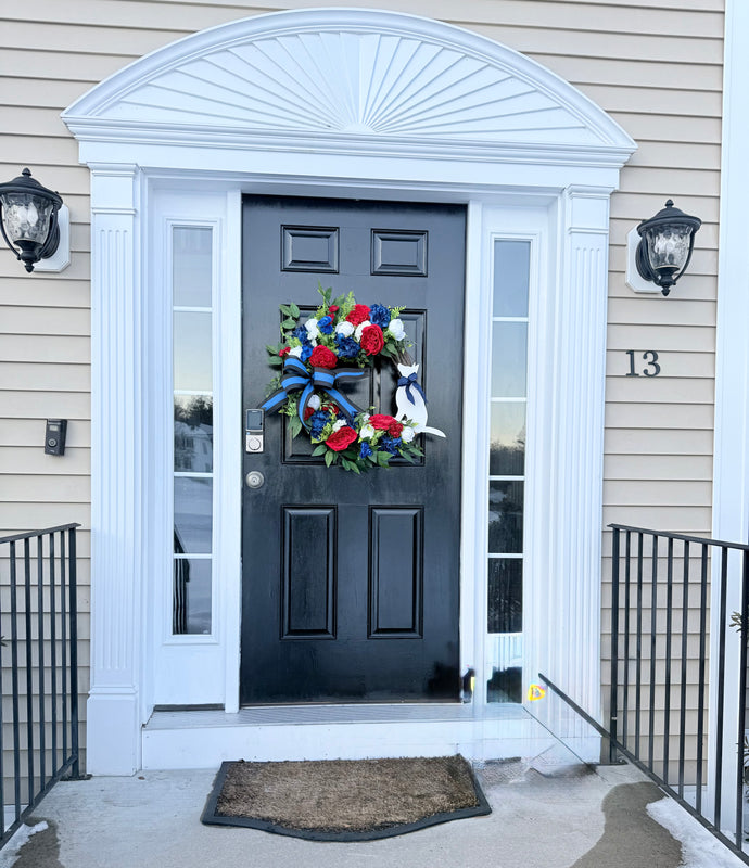 Patriotic Wreath w K9 German Shepherd Sign for Spring and Summer