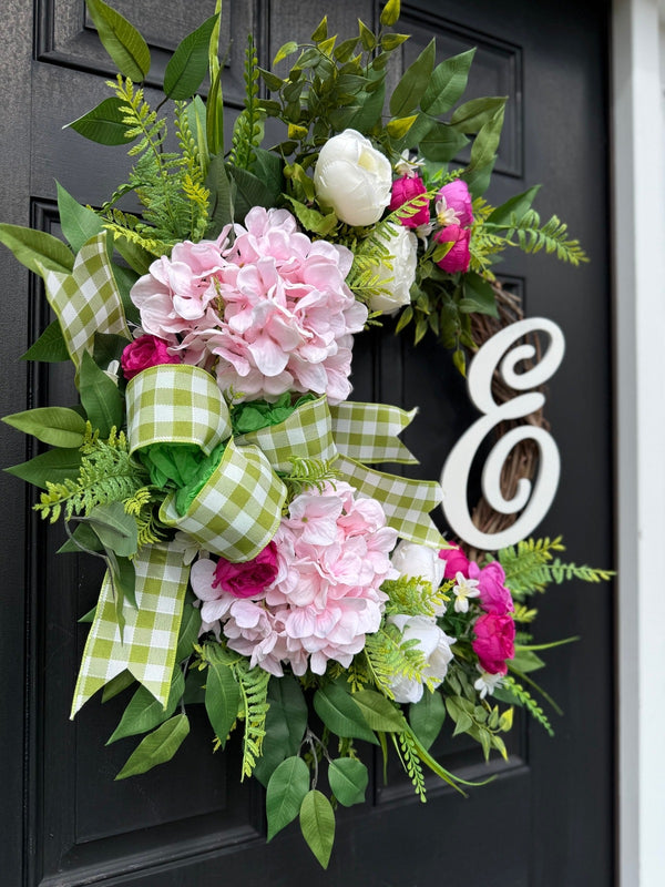 Monogrammed Peony & Hydrangea Wreath for Spring