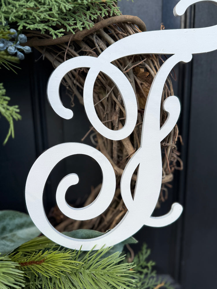 Rustic Winter Wreath w Monogram for Front Door w Deer Bow