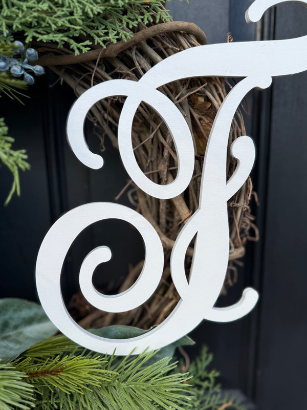 Rustic Winter Wreath w Monogram for Front Door w Deer Bow