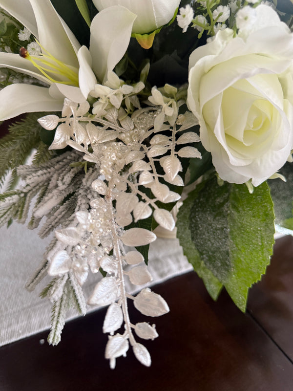 Winter Wedding Centerpiece w Pearl Accents, Elegant All White Winter Floral Arrangement