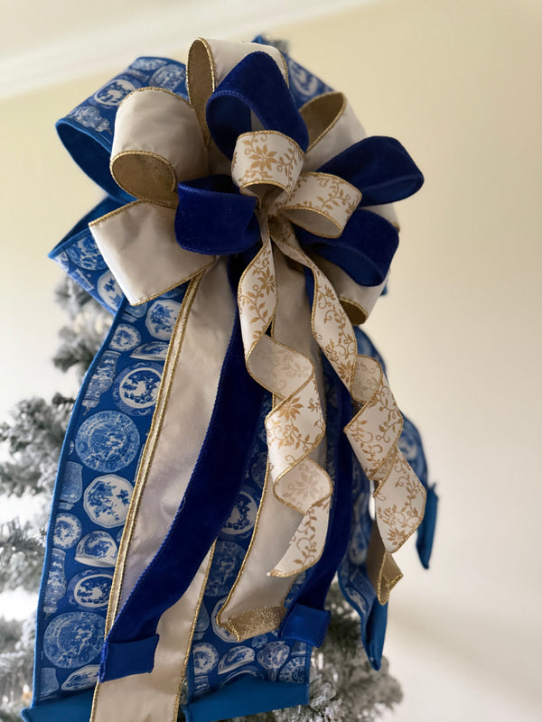 Elegant Blue & Gold Chinoiserie Christmas Tree Topper Bow