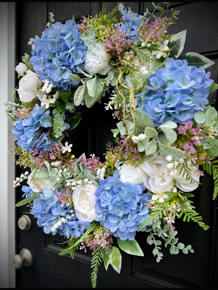 Elegant Spring Wreath with Blue Hydrangeas and Lambs Ear