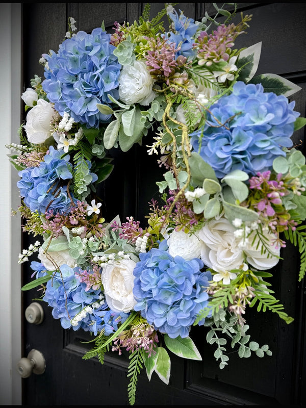 Elegant Spring Wreath with Blue Hydrangeas and Lambs Ear