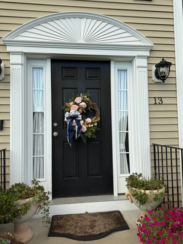 Peony Wreath with Birds Nest Bow for Year Round and Spring Decor