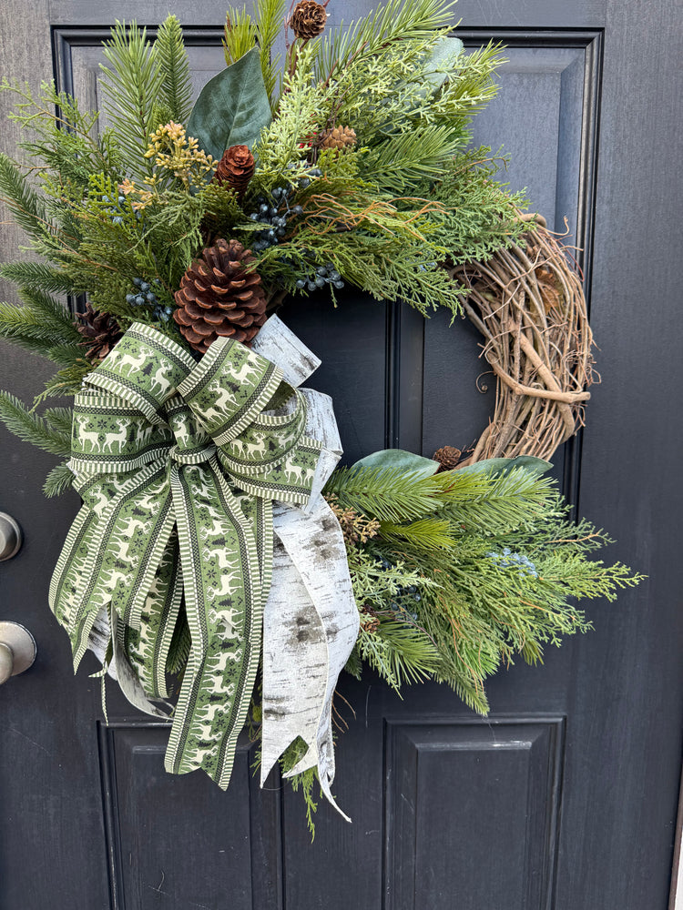 Rustic Winter Wreath w Monogram for Front Door w Deer Bow