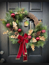 Classic Winter Wreath w Burgundy Velvet w/ Light Up Lantern