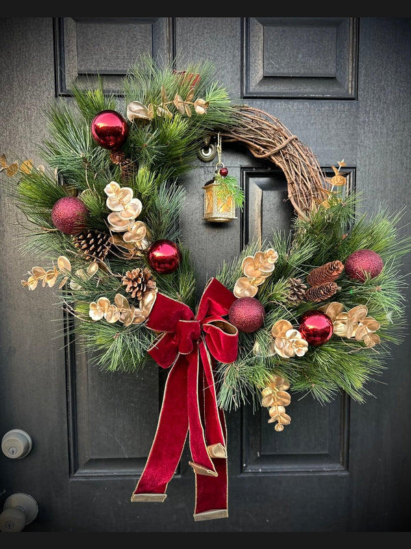 Classic Winter Wreath w Burgundy Velvet w/ Light Up Lantern