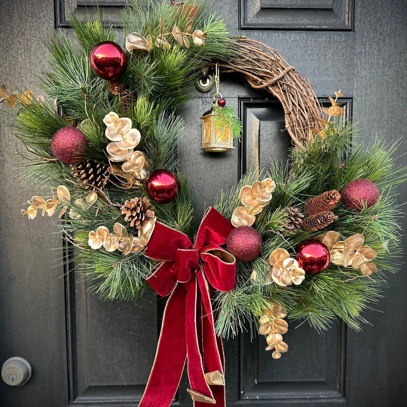 Classic Winter Wreath w Burgundy Velvet w/ Light Up Lantern