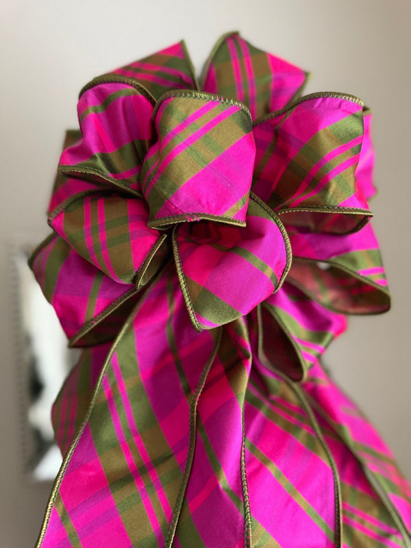 Luxe Magenta & Green Duponi Tree Topper Bow for Winter