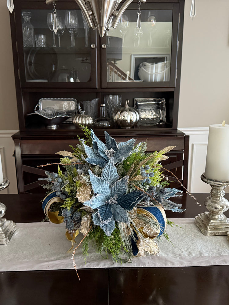 French Blue Velvet Pointsettia Centerpiece, Floral Arrangement