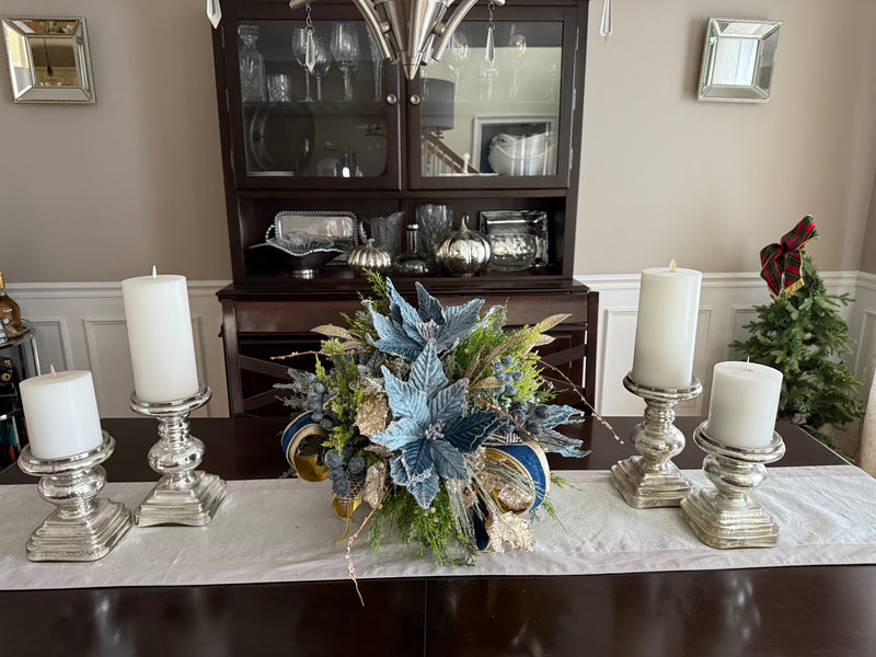 French Blue Velvet Pointsettia Centerpiece, Floral Arrangement