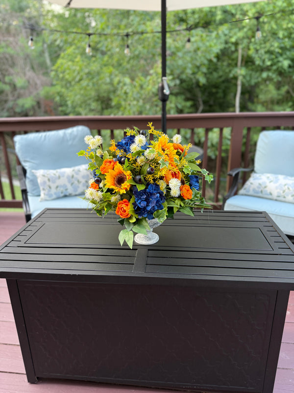 Vibrant Sunflower Arrangement with Deep Blue Ranunculus