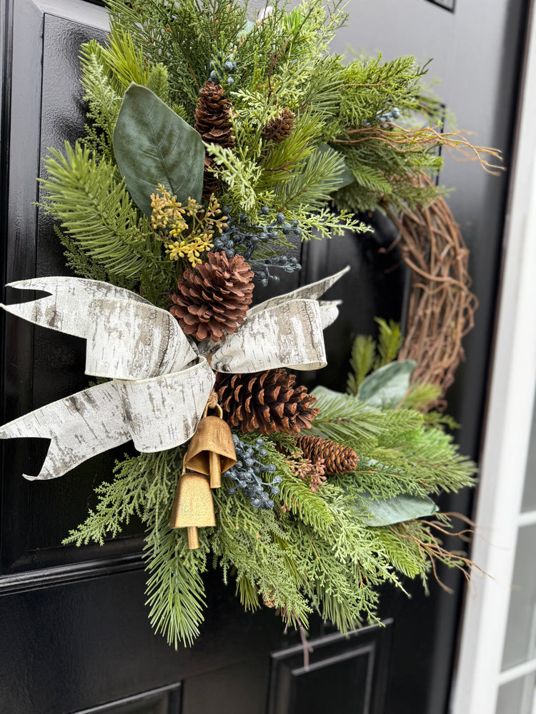 Rustic Evergreen Pinecone Wreath with Bells – Winter Front Door Décor