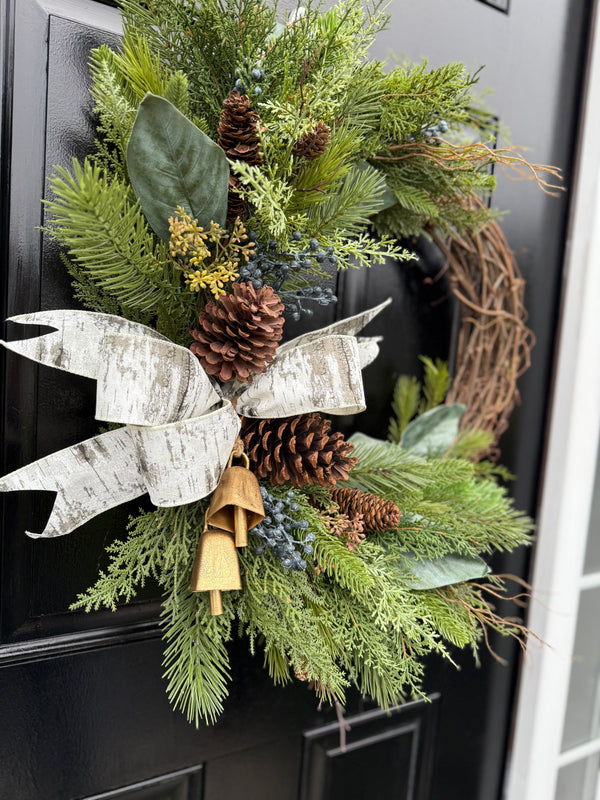 Rustic Evergreen Pinecone Wreath with Bells – Winter Front Door Décor