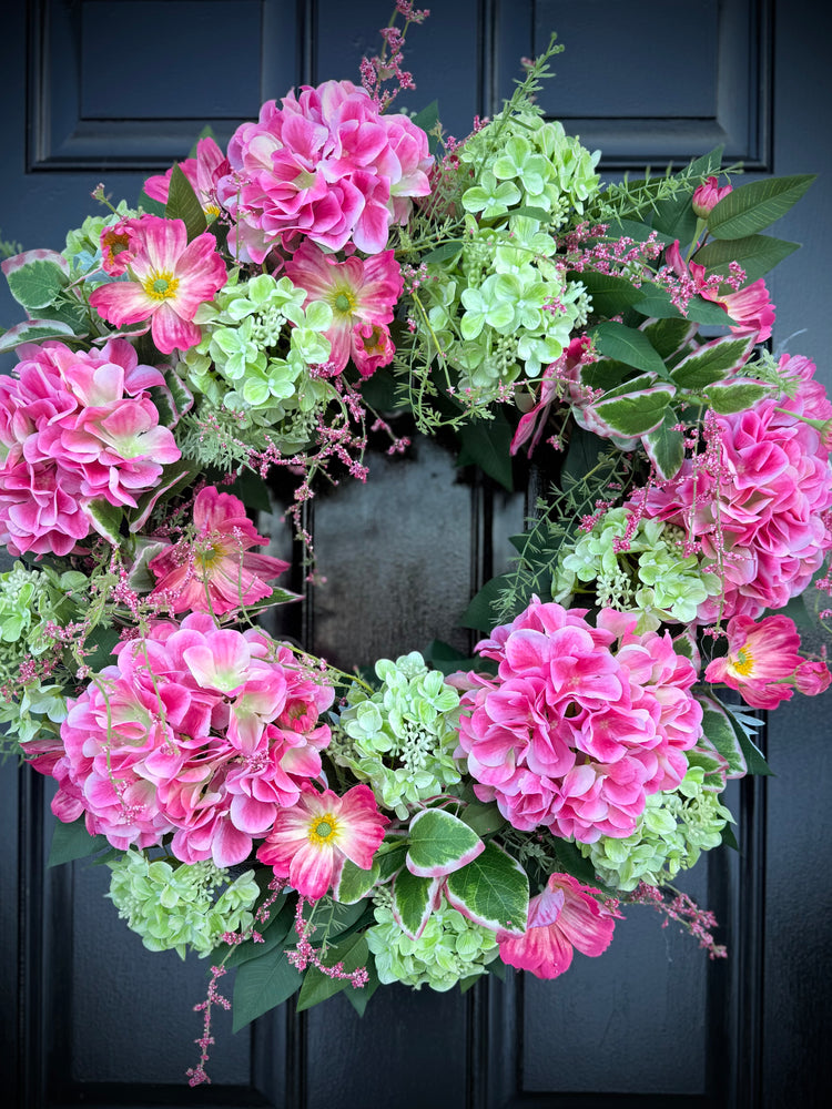Watermelon Pink Hydrangeas & Peonies Cottagecore Wreath for Spring and summer