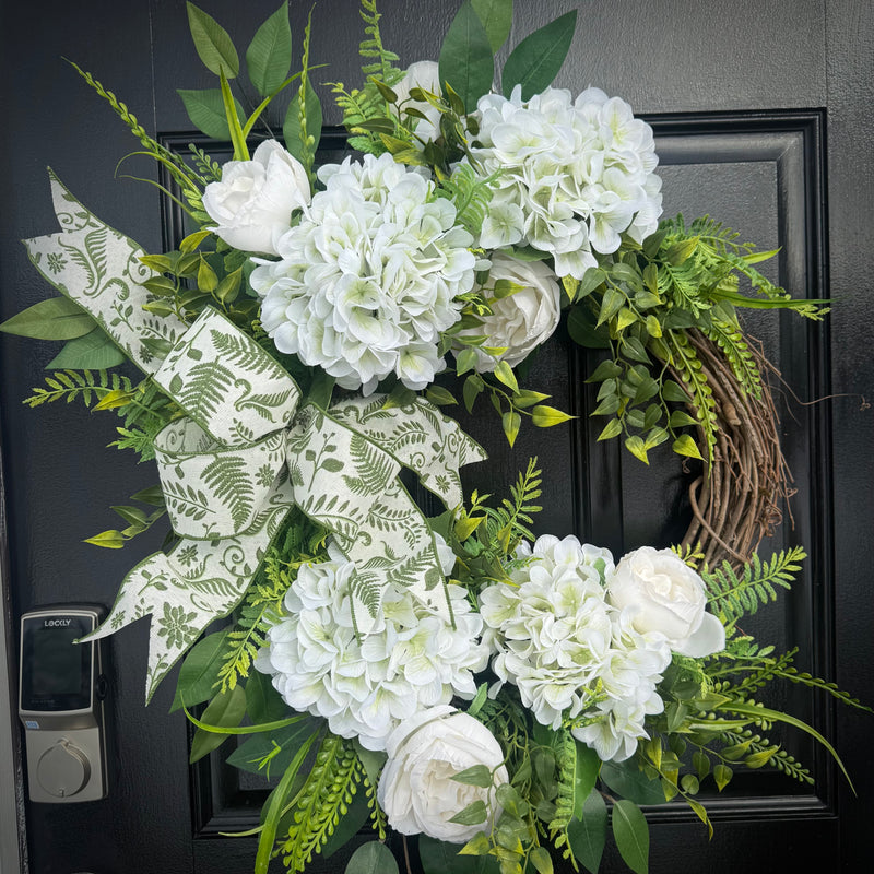 White Hydrangea Wreath with Cabbage Roses for Spring or Year Round use