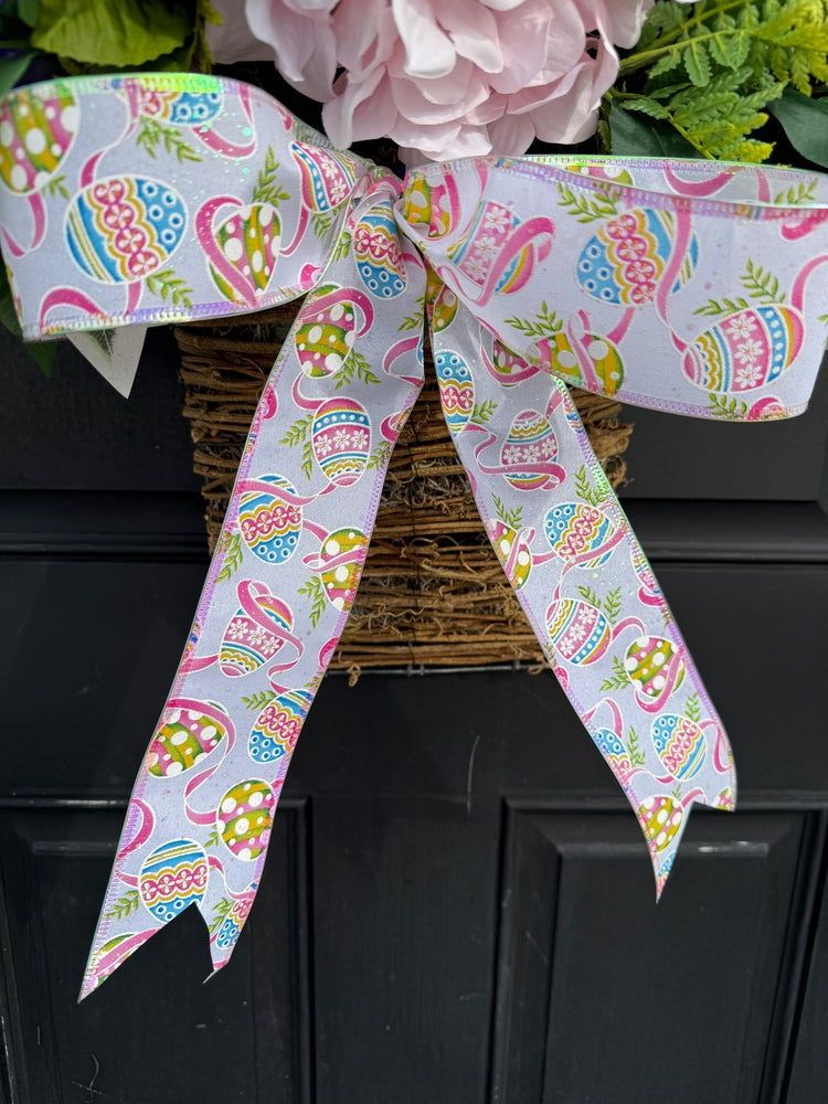 Hanging Floral Basket for Easter w Egg Print Bow