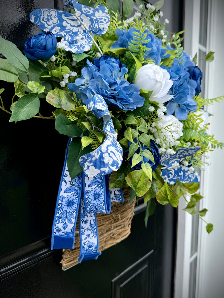 Chinoiserie Hydrangea & Peony w Butterflies Basket for Spring and Summer
